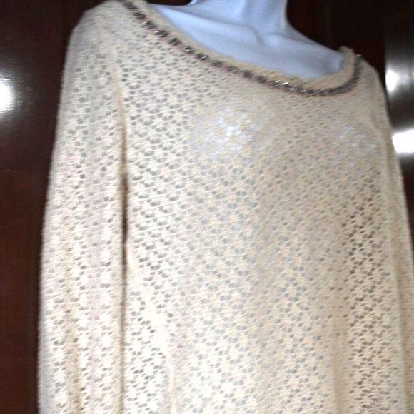 Free People Off White Wool Blend Open Knit Sweater Small Embellished Scoop Neck - Picture 4 of 12